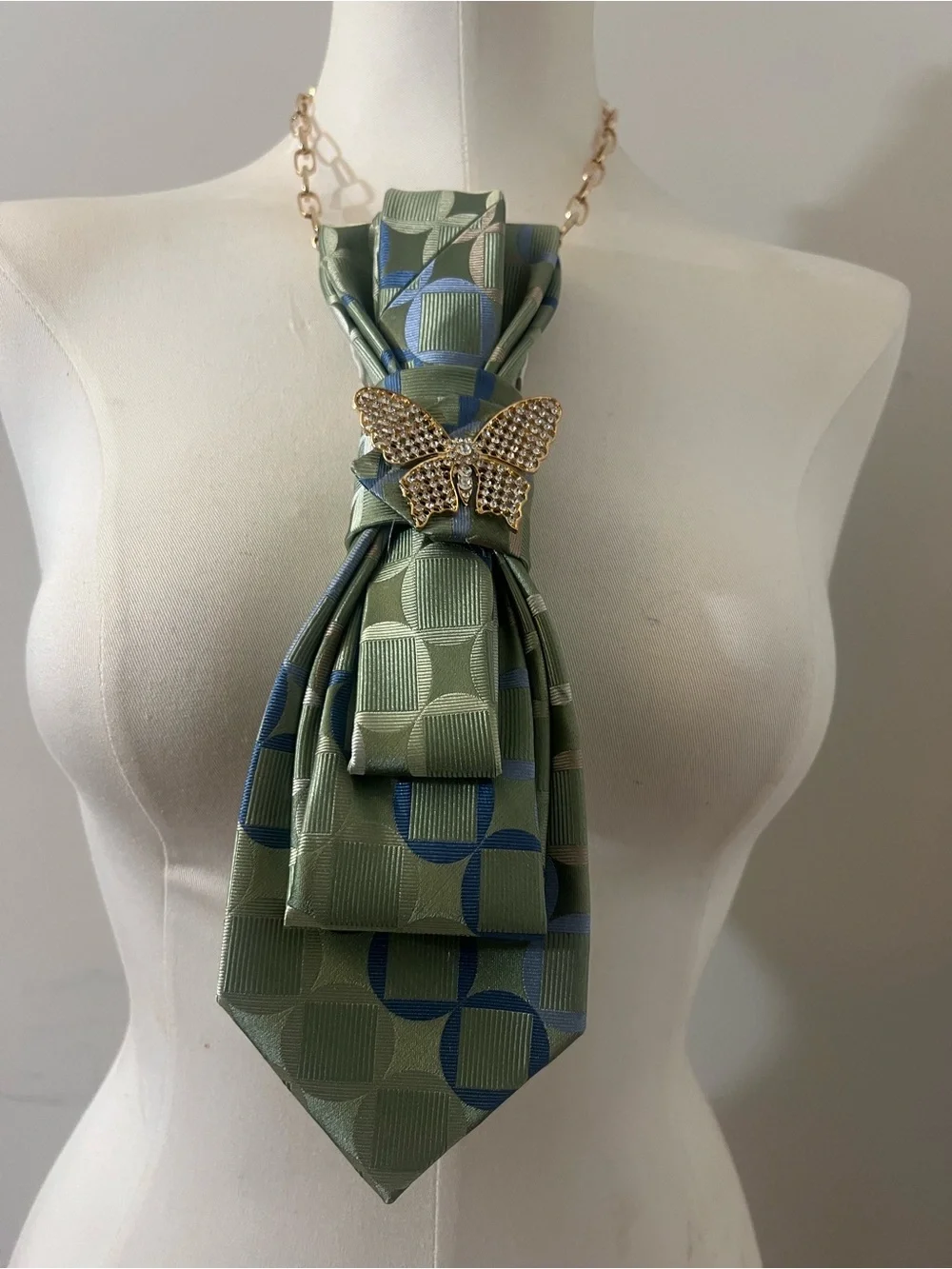 Green and Blue Patterned Silk Tie Necklace with Gold Butterfly Accent